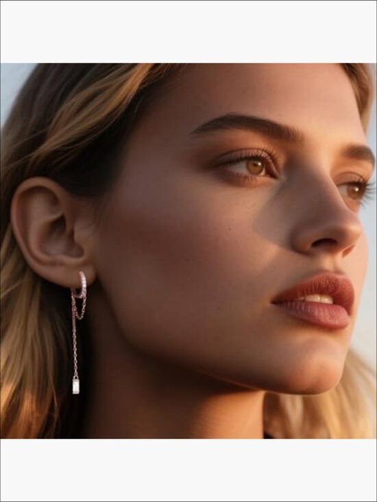 925 Sterling Silver CZ Chain Hoop Dangle Earrings Huggie